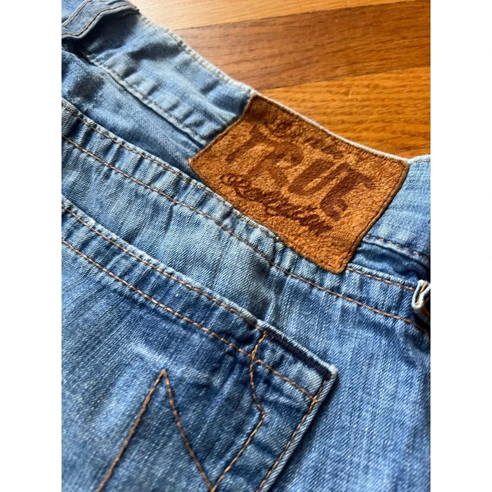 True Religion Mens Blue Denim Cutoff Shorts Size 36 Made in USA Horseshoe Pocket